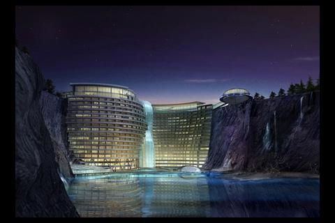 Songjiang Quarry Hotel is built on the side of an abandoned water-filled quarry